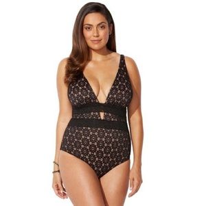 Swimsuits for All Plus Size Black Lace Nude Illusion Plunge Swimsuit Sz 20